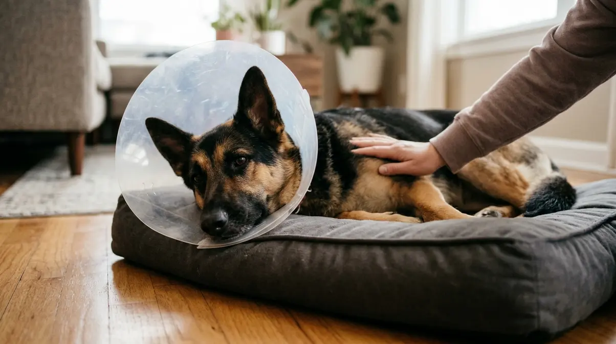 Female German Shepherd resting on a floor mat wearing an e-collar during post-spay recovery at home