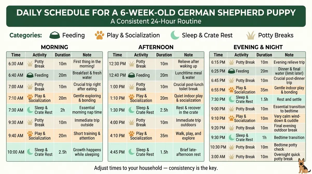 24-hour daily schedule infographic for a 6 week old German Shepherd puppy covering feeding, play, sleep and potty times
