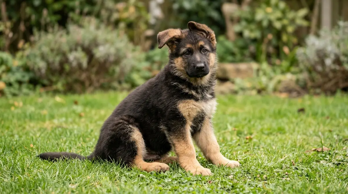 10-week-old German Shepherd puppy in three-quarter body pose showing sable coat, large paws, and typical ear development