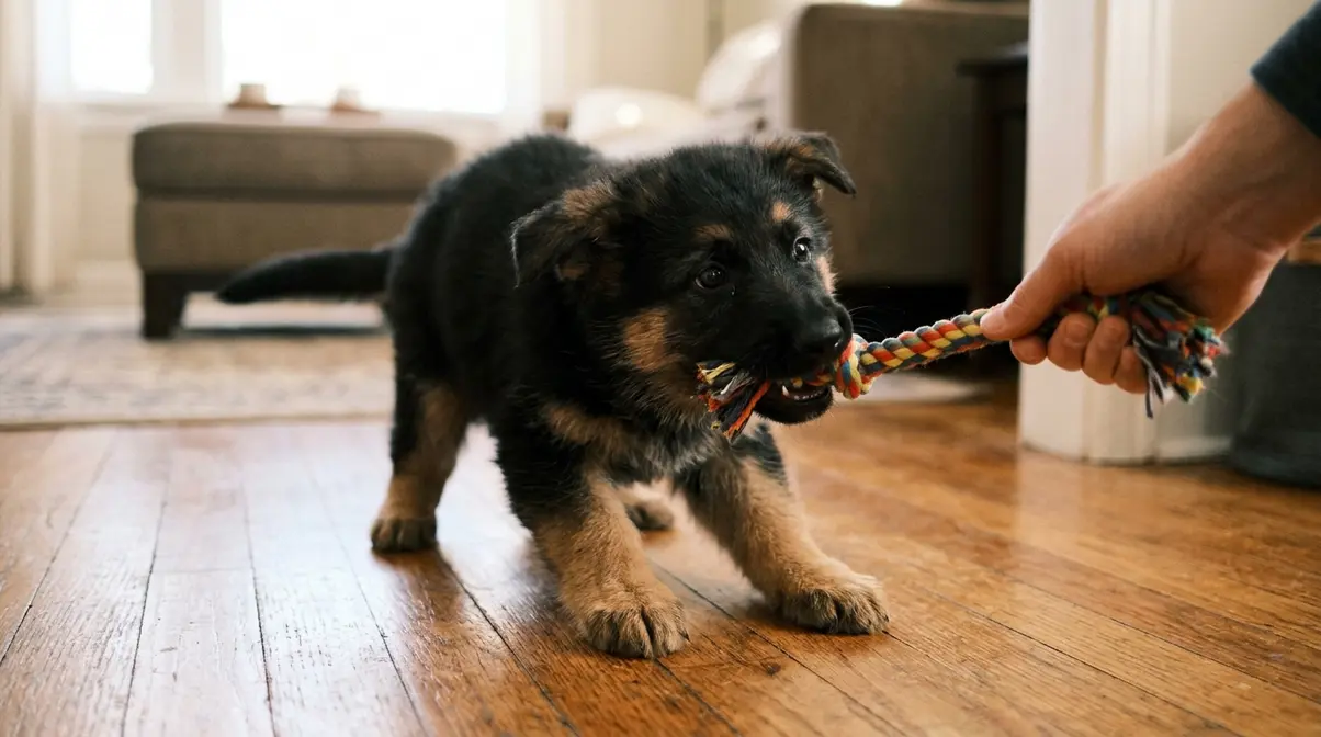 10-week-old German Shepherd puppy mouthing a tug toy showing normal developmental biting behavior