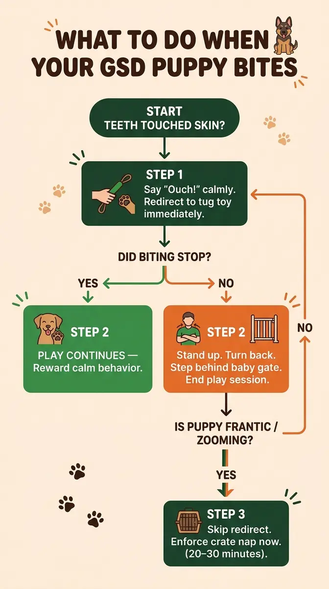 Flowchart showing three-step plan for stopping biting in a 10-week-old German Shepherd puppy