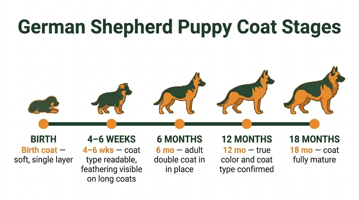 German Shepherd puppy coat development timeline from birth to 18 months showing coat changes at each stage
