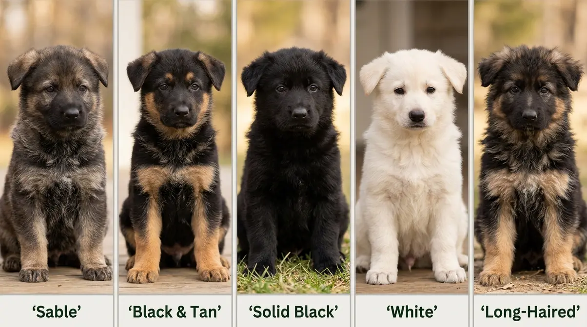 Six week old German Shepherd puppies showing sable, black and tan, solid black, white, and long-haired coat types