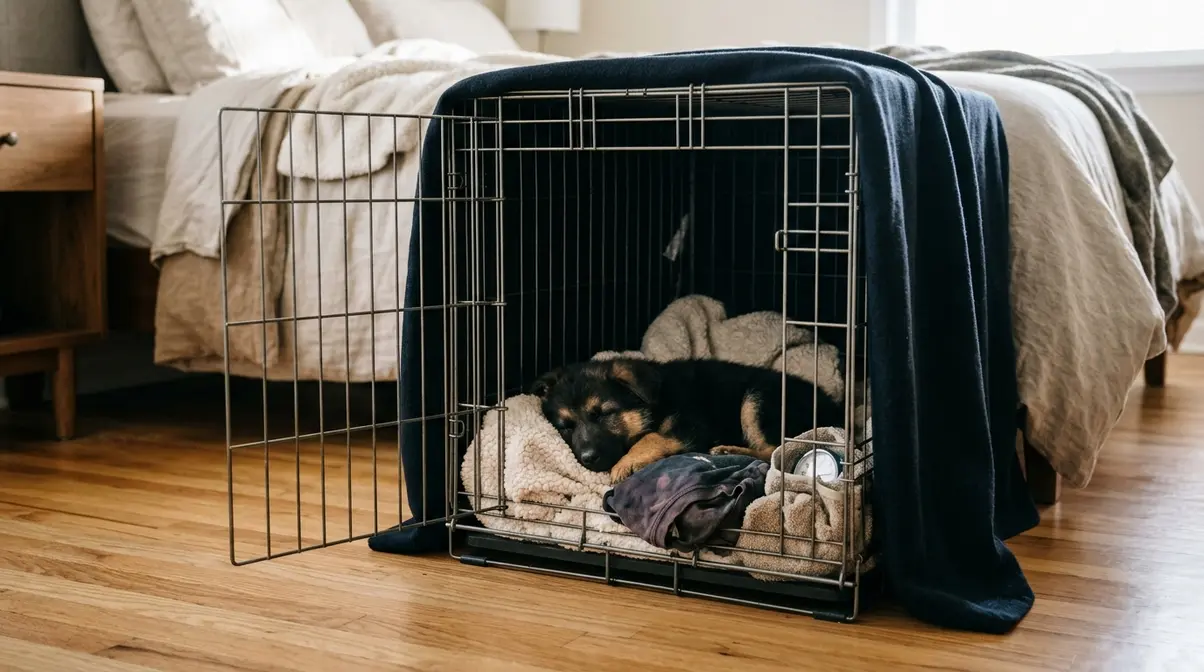Six week old German Shepherd puppy sleeping in a cozy crate setup beside a bed with comfort items
