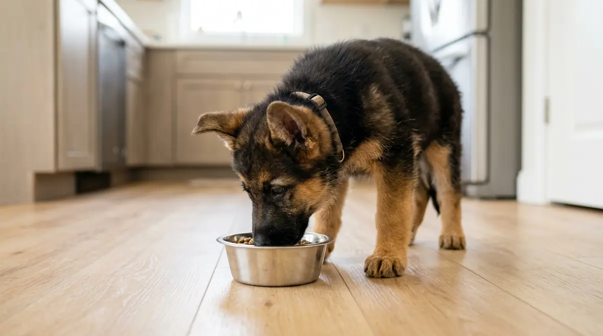 10-week-old German Shepherd puppy eating from a stainless steel bowl during a scheduled meal time