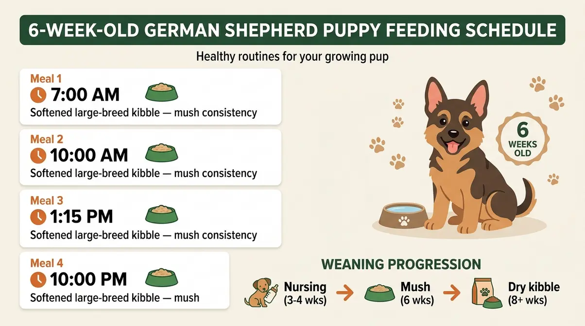 Feeding schedule infographic for a 6 week old German Shepherd puppy showing four daily meals and weaning timeline