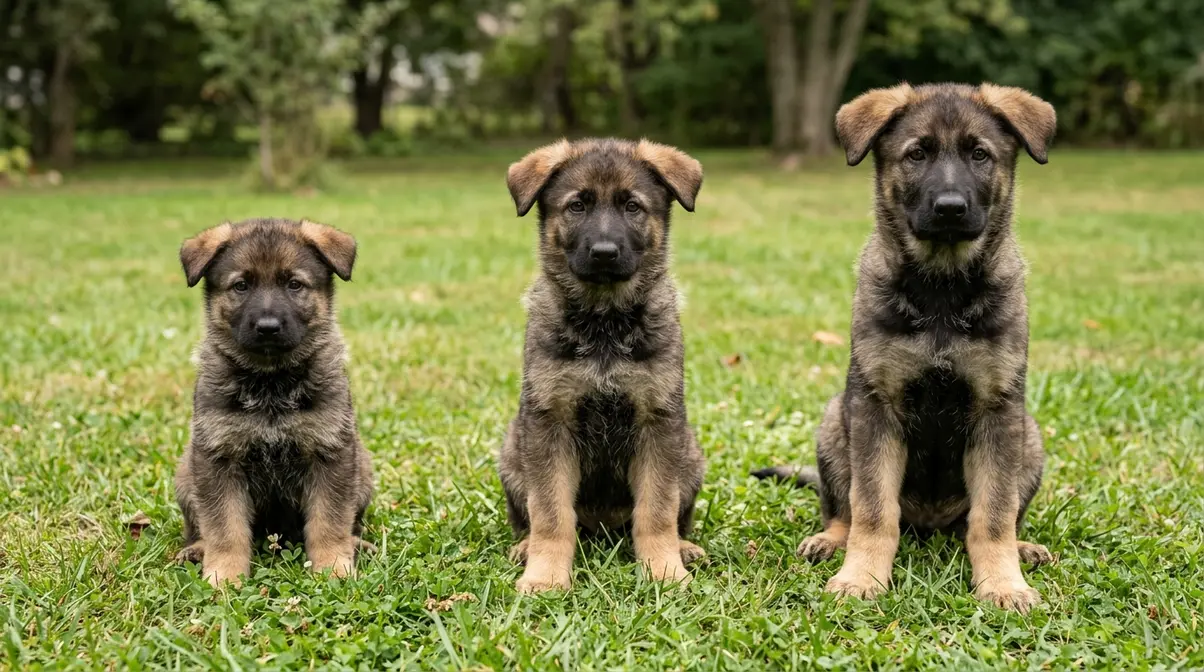 Three German Shepherd puppies at 8, 10, and 12 weeks side by side showing week-by-week growth progression