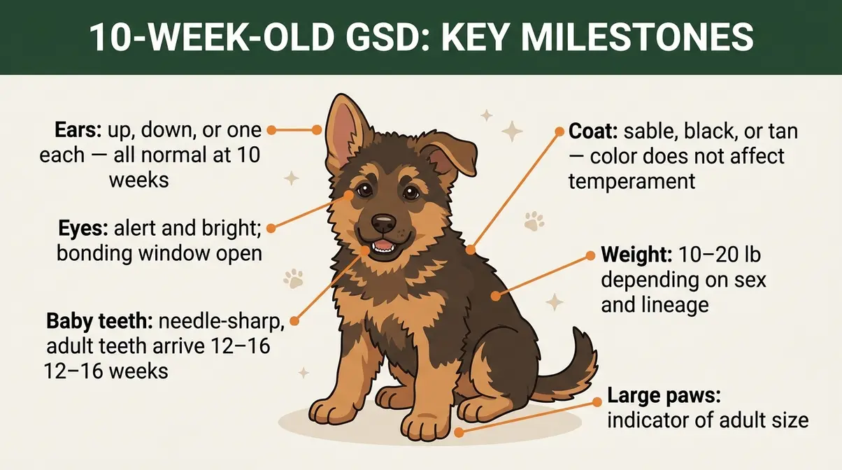Annotated diagram of a 10-week-old German Shepherd puppy showing key physical milestones at this age