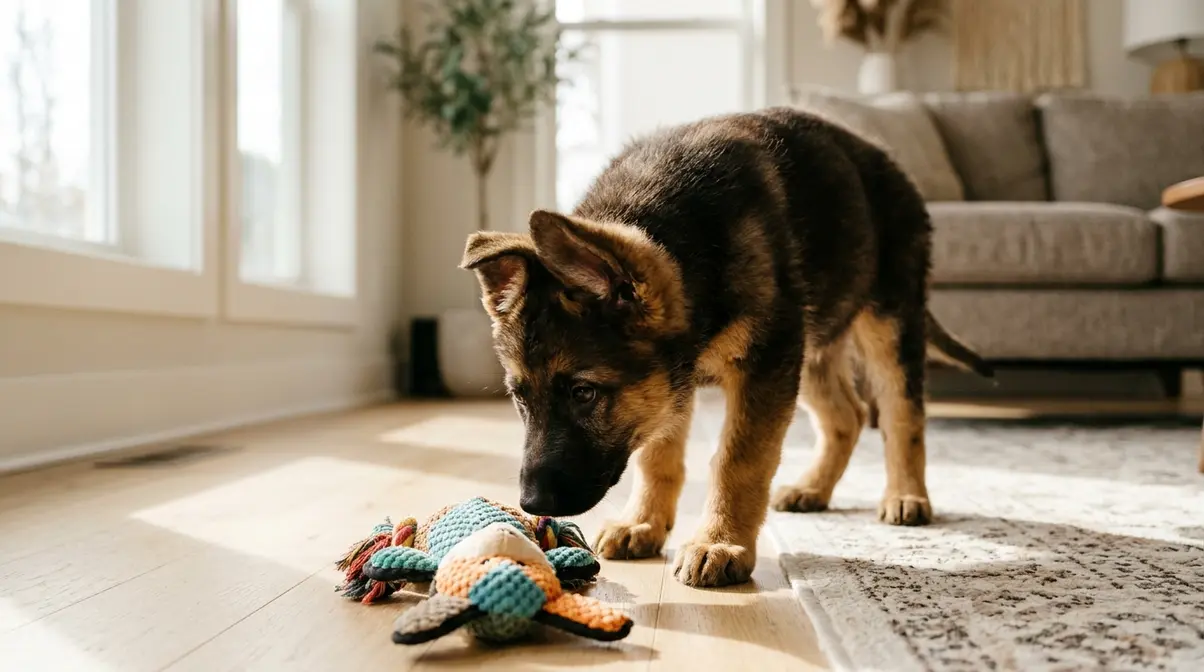 10-week-old German Shepherd puppy exploring indoors showing natural curious alert behavior at this milestone age