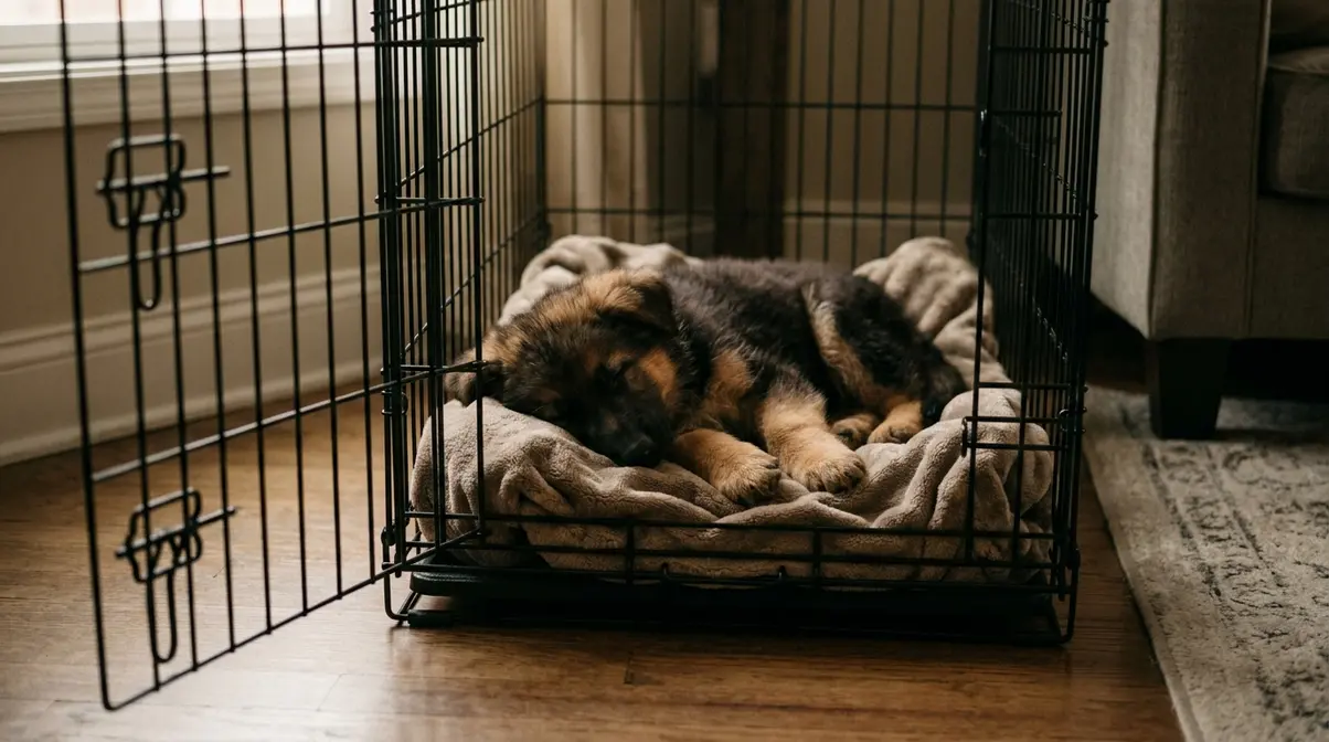 10-week-old German Shepherd puppy sleeping in a crate during a scheduled nap to prevent the overtired bite cycle