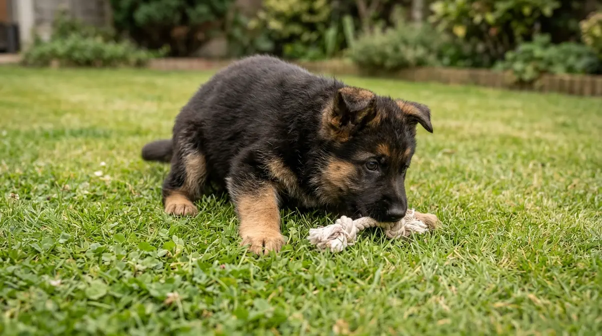Six week old German Shepherd puppy playing on grass and mouthing a rope toy outdoors