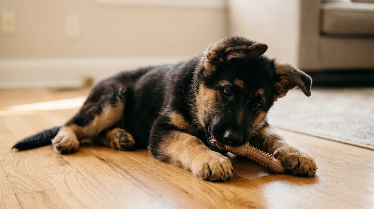 German Shepherd puppy chewing a toy indoors with ears flopped down during teething phase