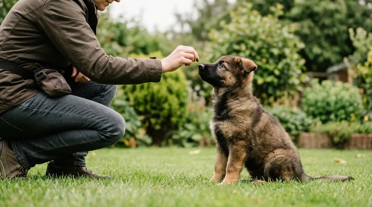 Person training a 10-week-old German Shepherd puppy with a treat reward during a five-minute positive reinforcement session