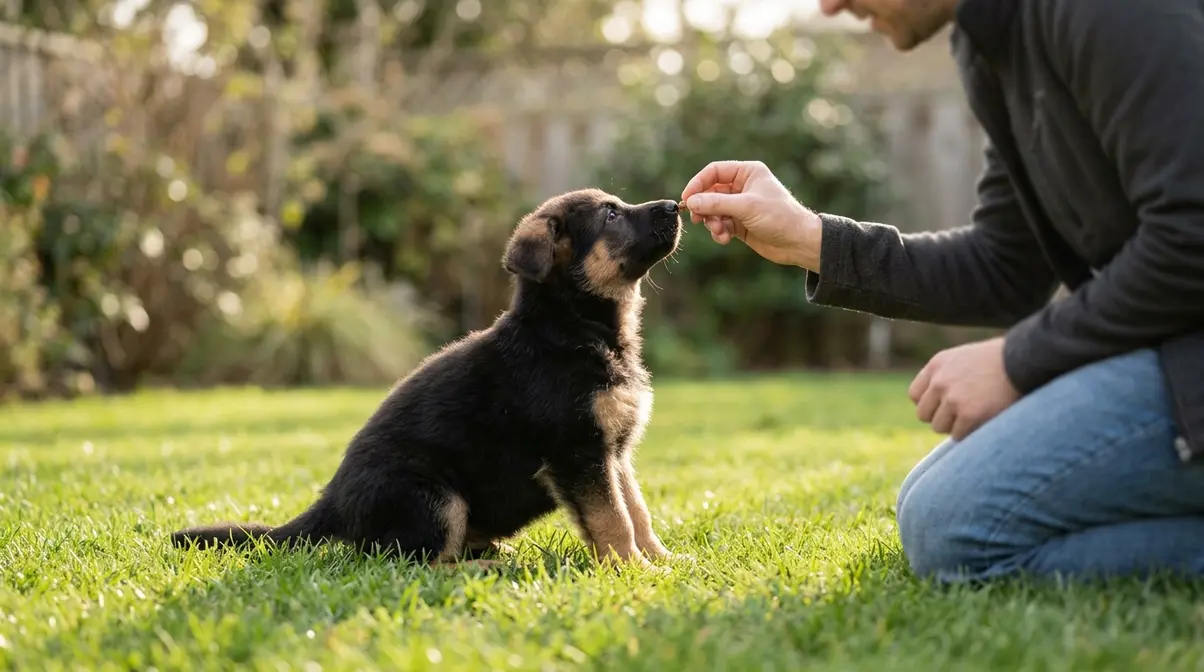 Person training a 6 week old German Shepherd puppy to sit using a treat reward outdoors