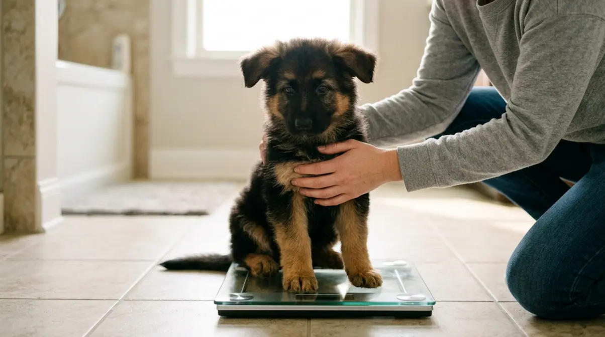 Person weighing a 10-week-old German Shepherd puppy on a scale to monitor healthy weekly weight gain