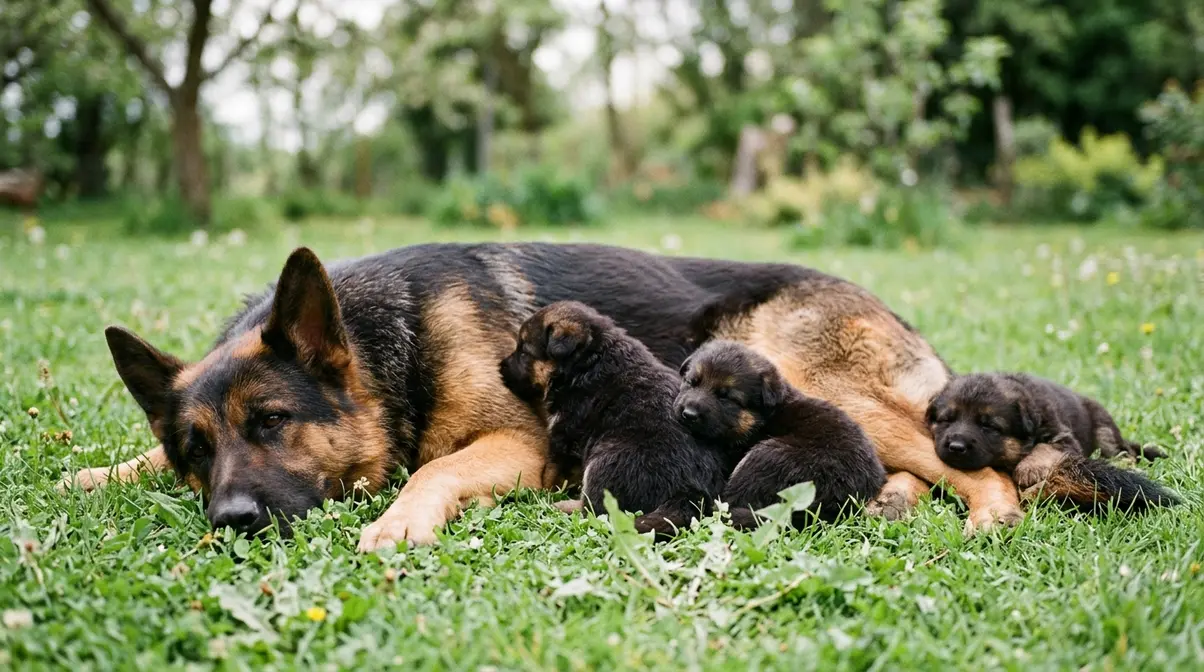 German Shepherd mother dog resting on grass with 6 week old puppies beside her outdoors