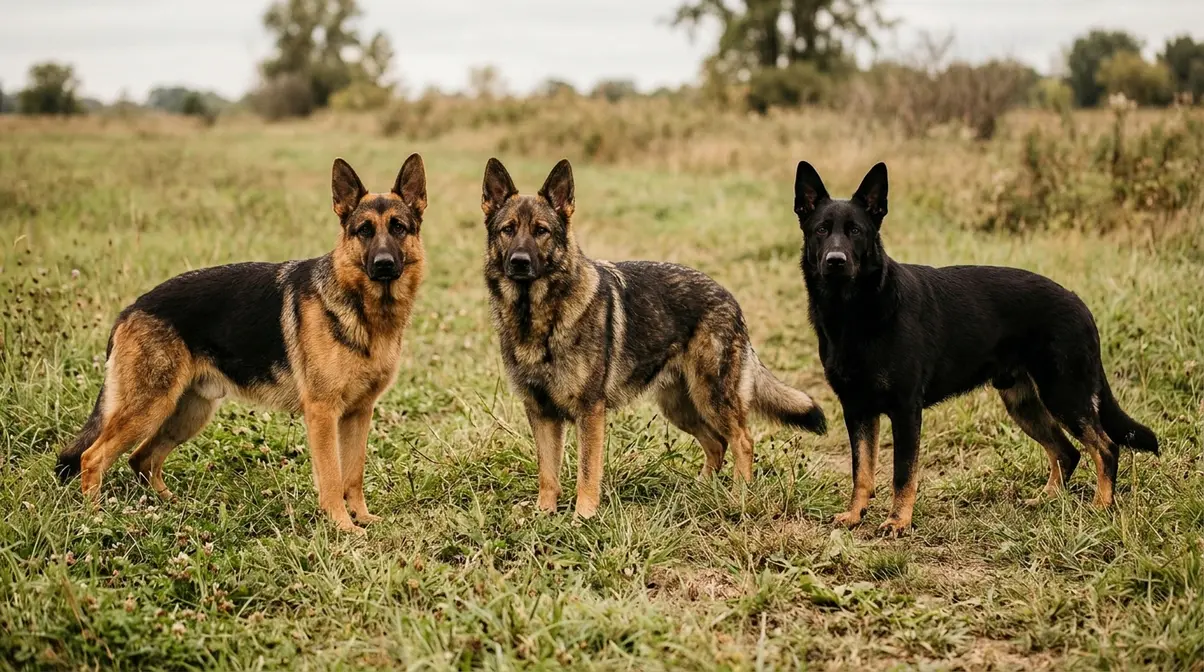 Three German Shepherds showing saddle pattern, sable pattern and bi-color pattern in a natural outdoor setting