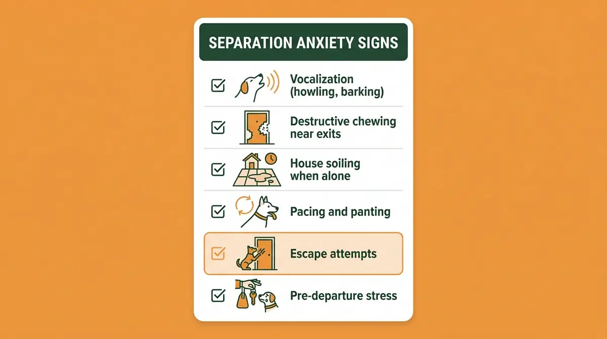 German shepherd separation anxiety symptoms checklist showing six behavioral signs including whining, destruction, and house soiling