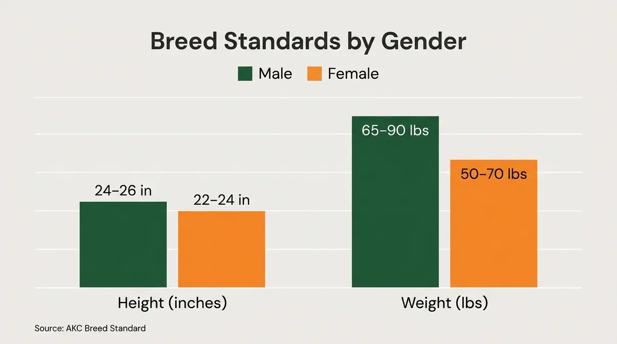 Bar chart comparing male German Shepherd height 24 to 26 inches and weight 65 to 90 pounds versus female 22 to 24 inches and 50 to 70 pounds