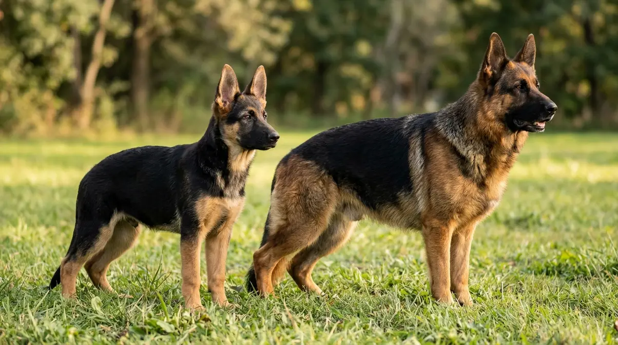 German Shepherd puppy beside a fully mature adult GSD, illustrating skeletal growth difference between 9 and 24 months