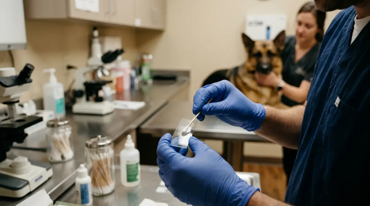 Veterinarian preparing cytology slide from German Shepherd skin swab to diagnose infection type