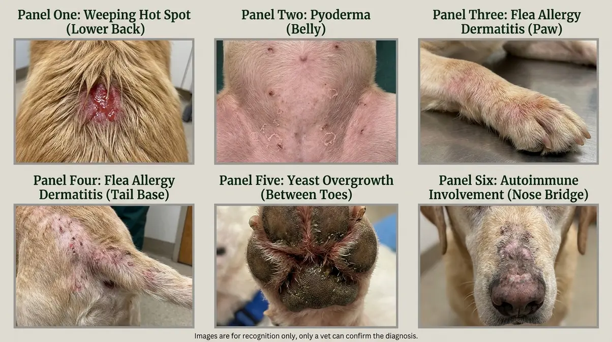 Six-panel gallery of German Shepherd skin problems showing hot spot, pyoderma, atopic dermatitis, flea allergy, yeast, and autoimmune lesions