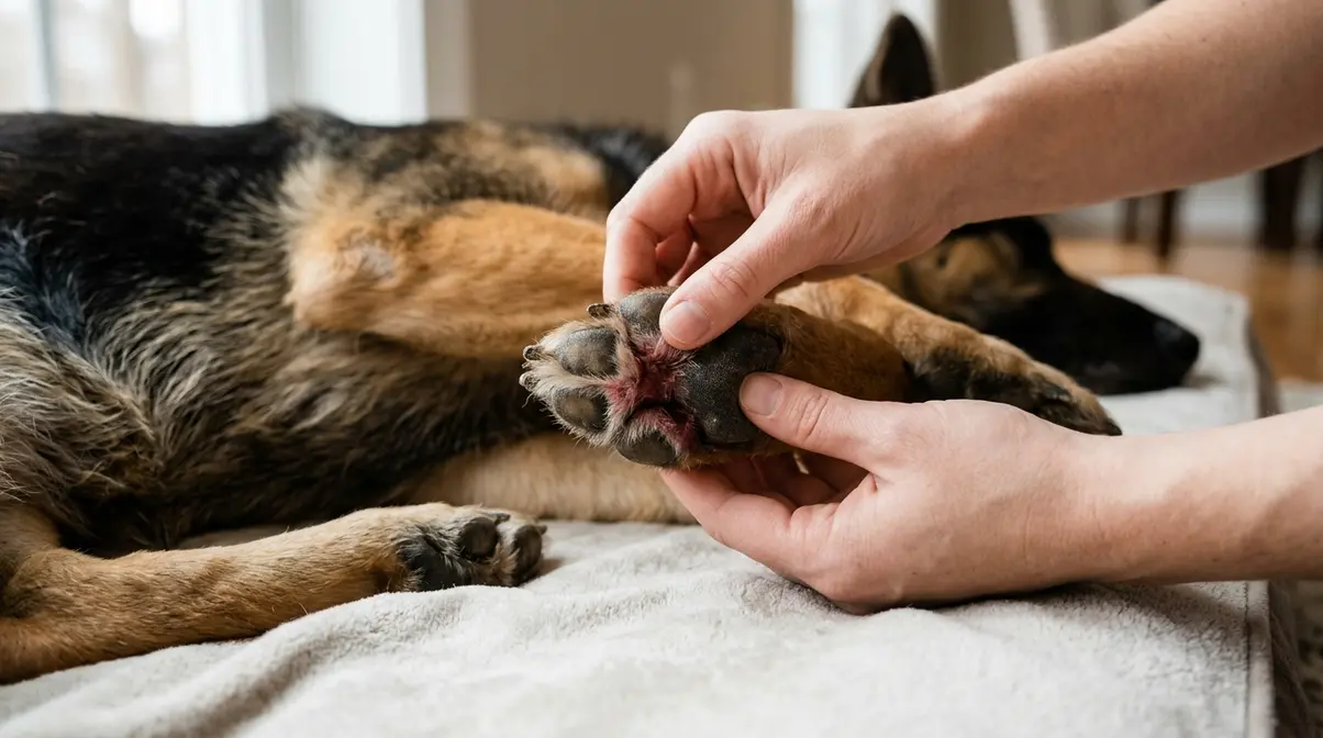 Owner examining German Shepherd paw skin between toes for signs of redness or yeast darkening