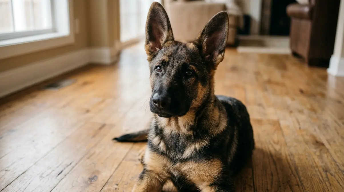 Young German Shepherd puppy sitting alert, illustrating the breed's growth and development stage before spaying