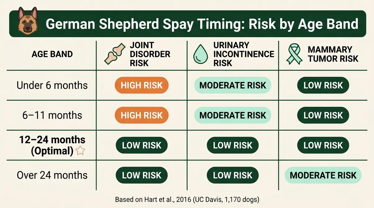 Infographic showing joint disorder, incontinence, and mammary tumor risk for German Shepherds spayed at different ages