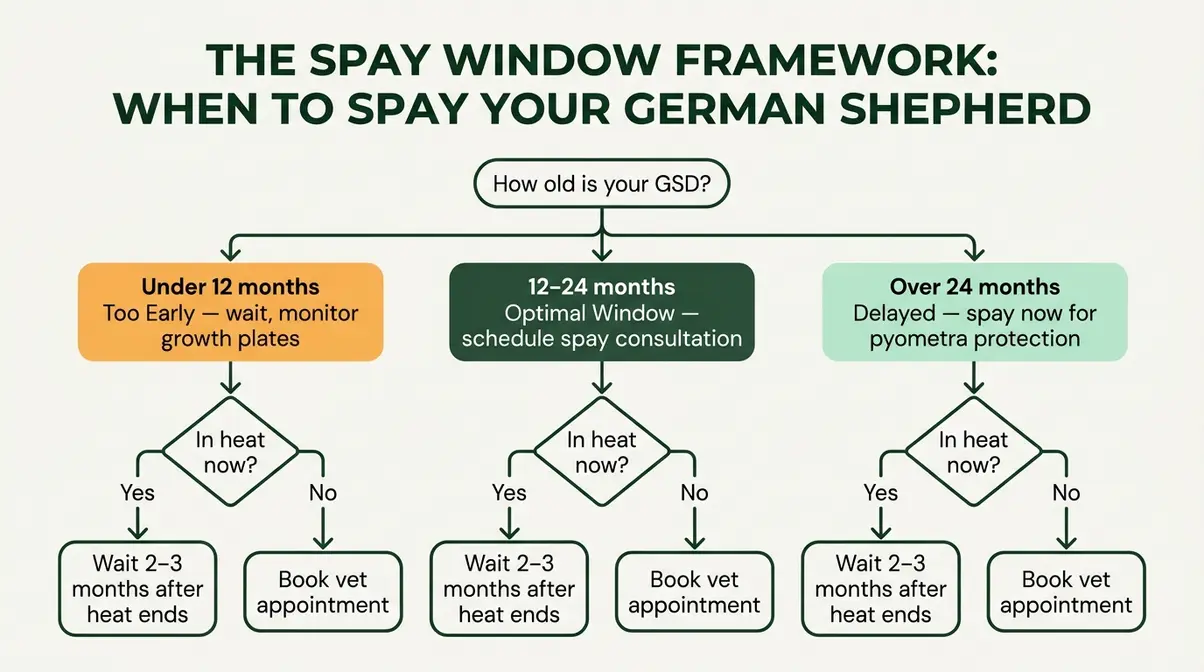 Flowchart showing spay timing decision paths for German Shepherds by age, heat status, and maturity