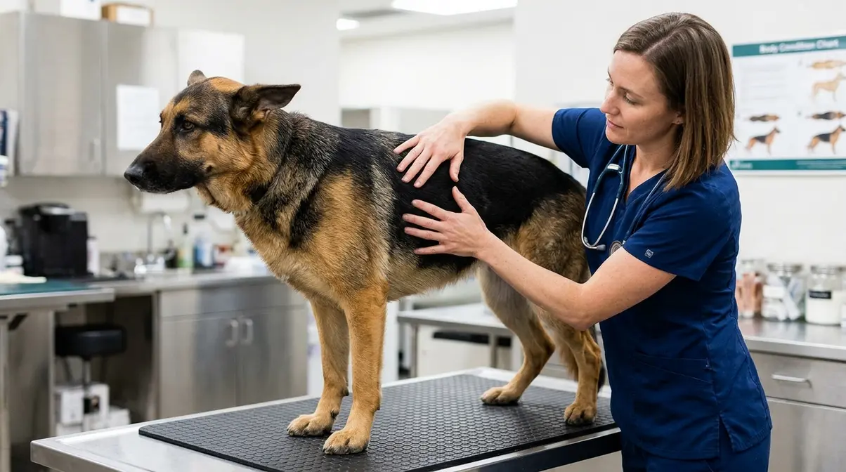 Veterinarian performing a body condition score rib check on a German Shepherd in a clinic