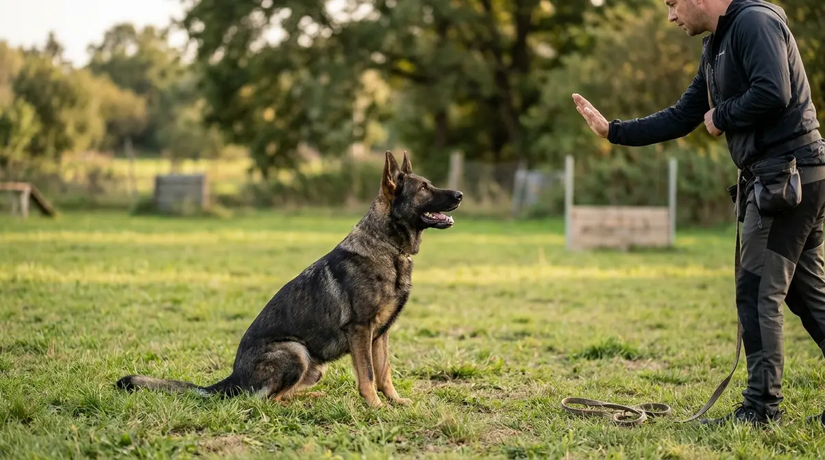 German Shepherd in focused sit-stay during outdoor training session with handler giving hand signal