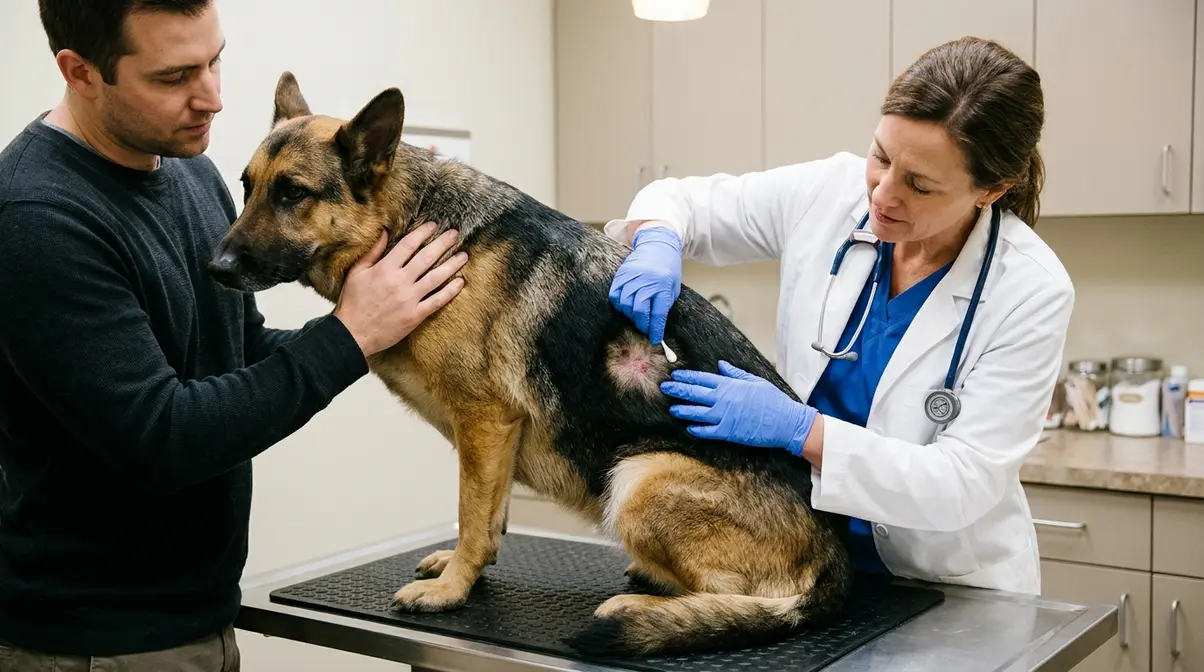 Veterinarian performing skin examination on German Shepherd while owner observes during clinic visit