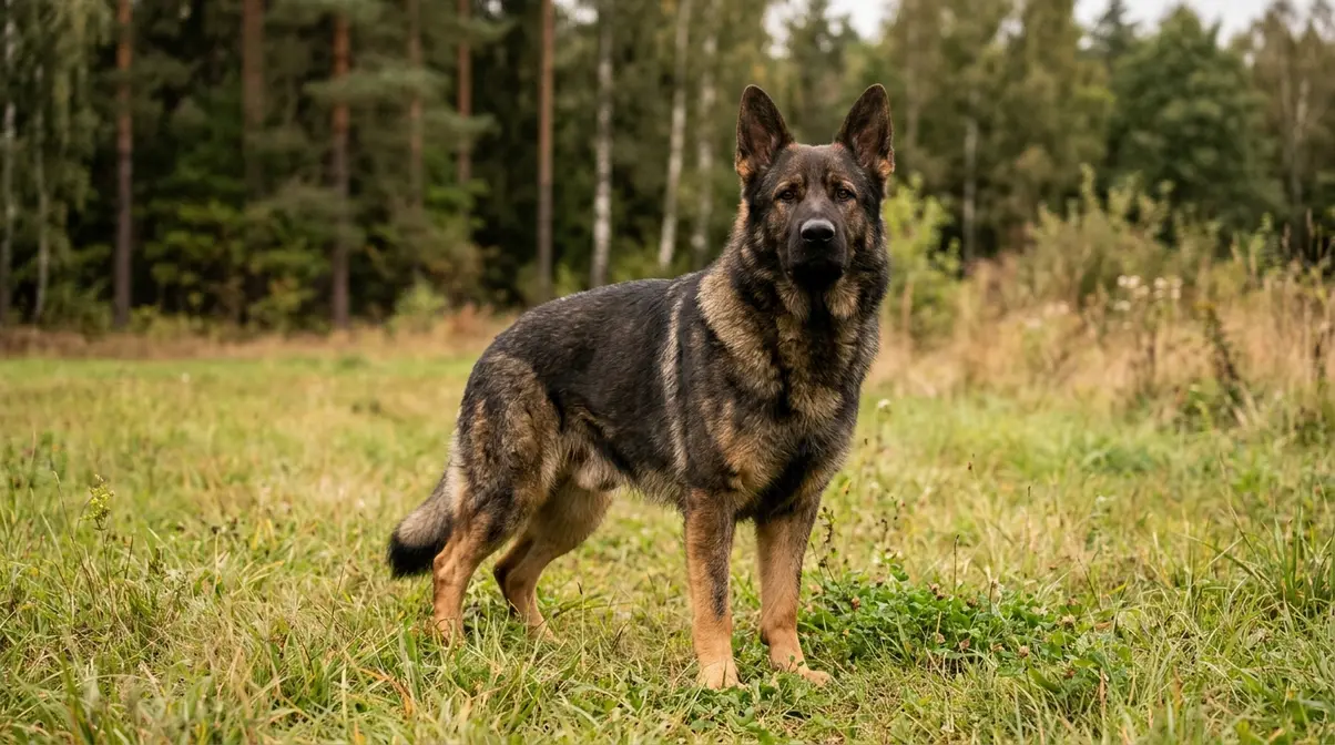 Large male German Shepherd standing alert in a grassy field showing stocky build and broad head