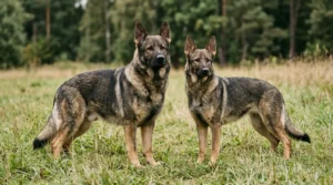 Male and female German Shepherd standing side by side on grass showing size difference