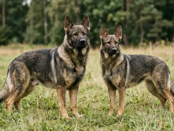 Male and female German Shepherd standing side by side on grass showing size difference