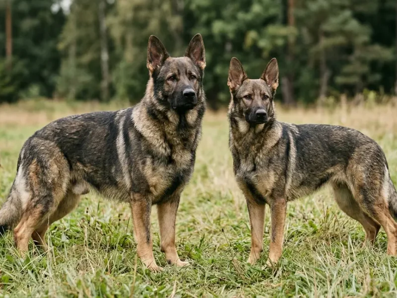 Male and female German Shepherd standing side by side on grass showing size difference