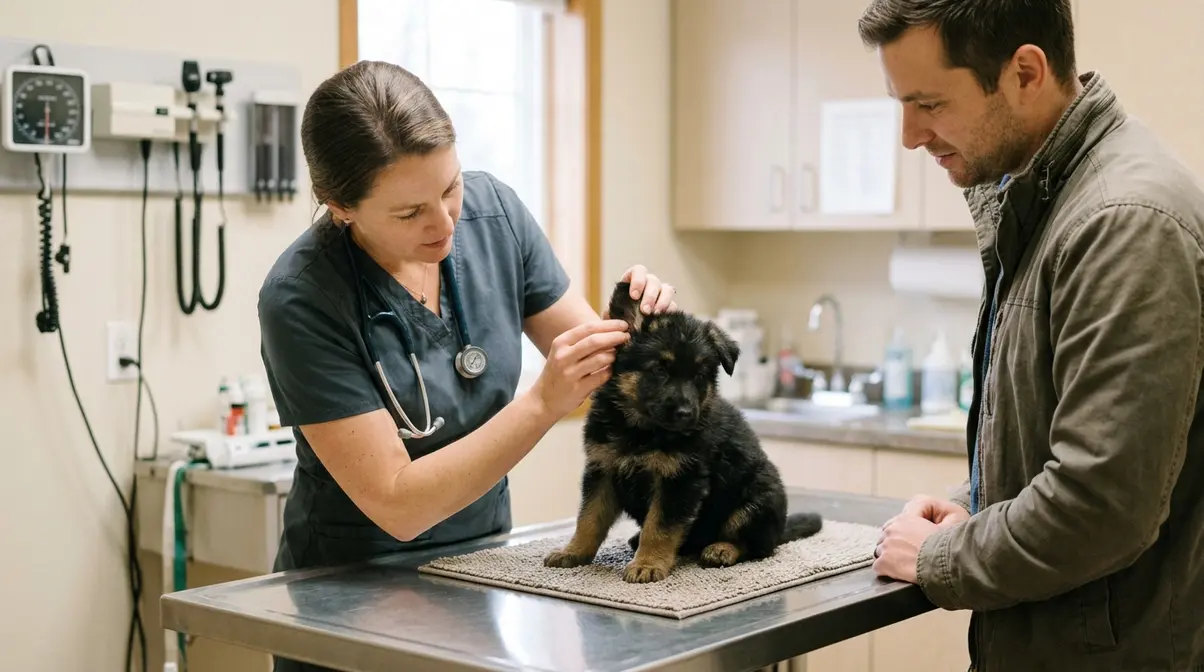 Veterinarian examining a 6 week old German Shepherd puppy on a clinic table with owner watching