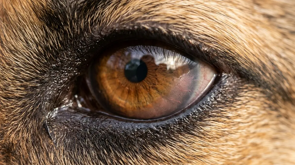 German Shepherd eye showing early pannus with pinkish-gray corneal film at the outer edge