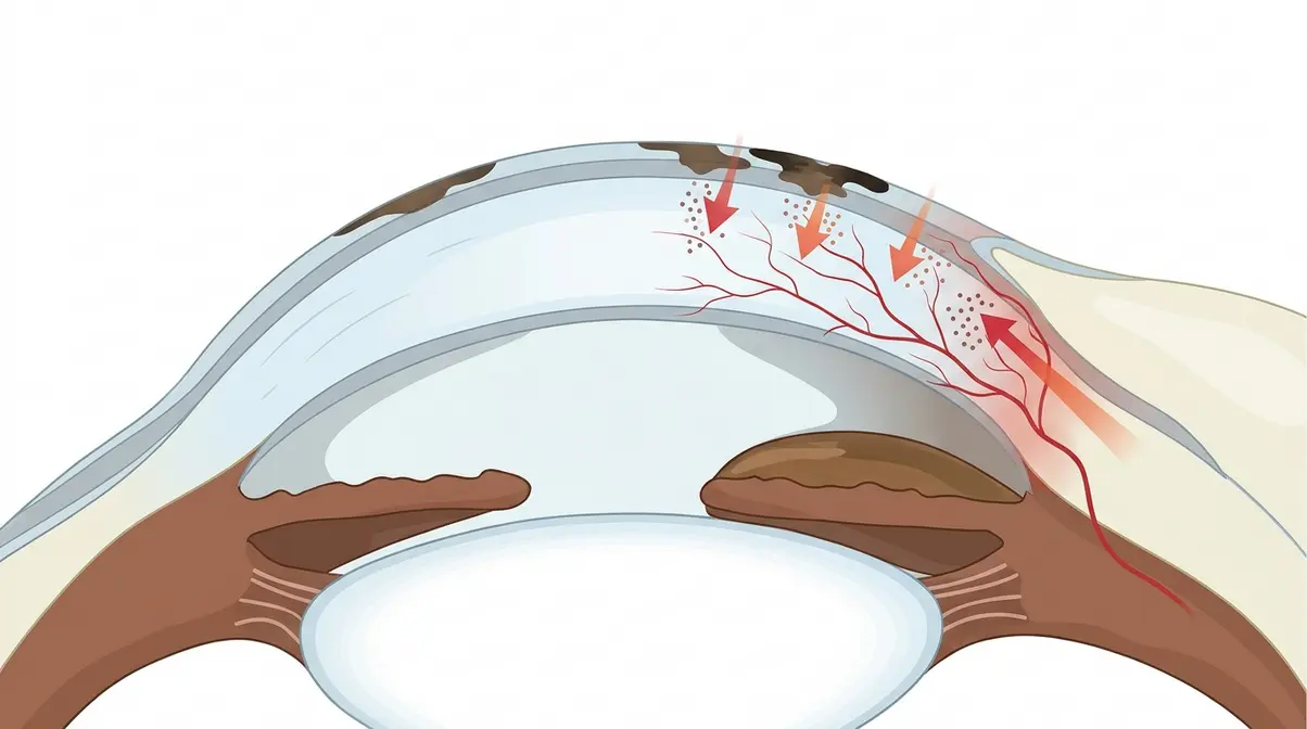 Medical illustration showing immune-mediated blood vessel ingrowth and pigment deposits on a dog cornea in pannus