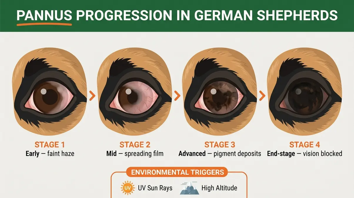 Infographic showing four stages of pannus progression from early pink corneal haze to dense dark pigmentation blocking vision