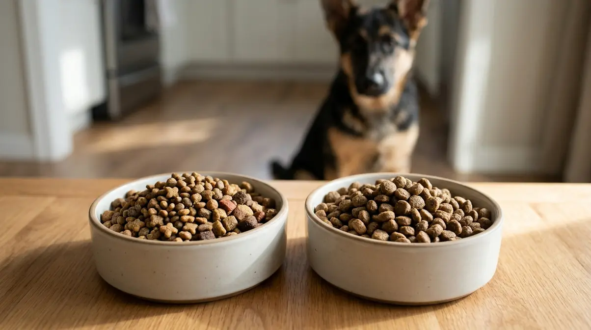 Two dog food bowls showing gradual transition from puppy kibble to adult kibble for a German Shepherd