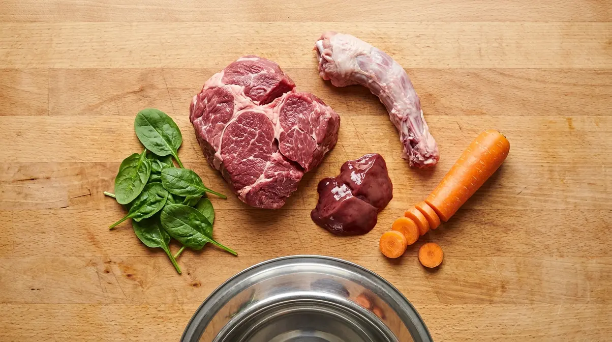 Raw diet meal preparation for a German Shepherd showing beef, chicken neck, liver, and vegetables on a wooden surface