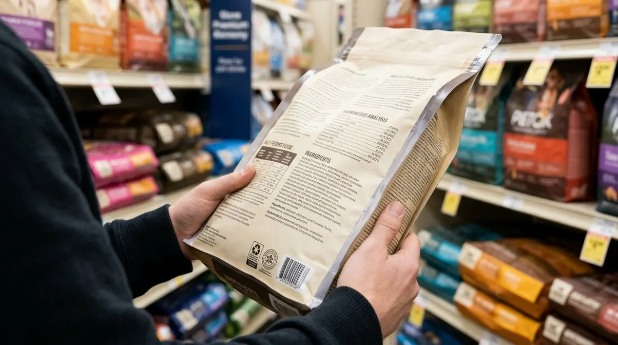 Person reading the ingredient label on a premium dog food bag in a pet store
