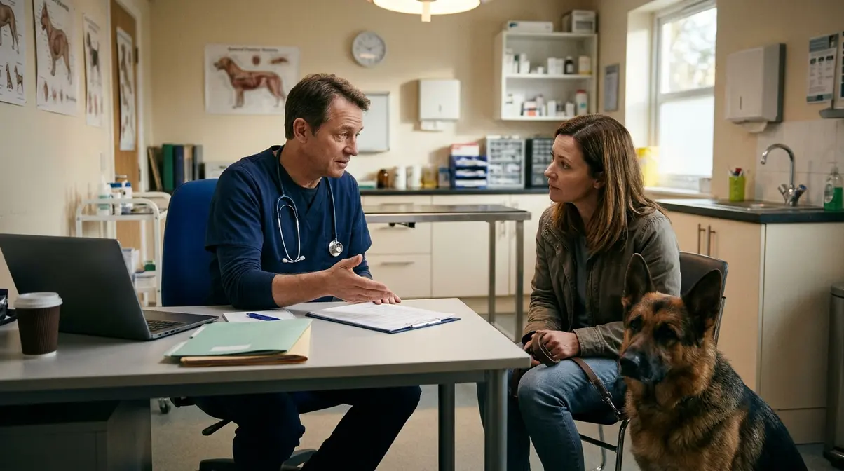 Veterinarian discussing specialist referral with German Shepherd owner in a clinic consultation