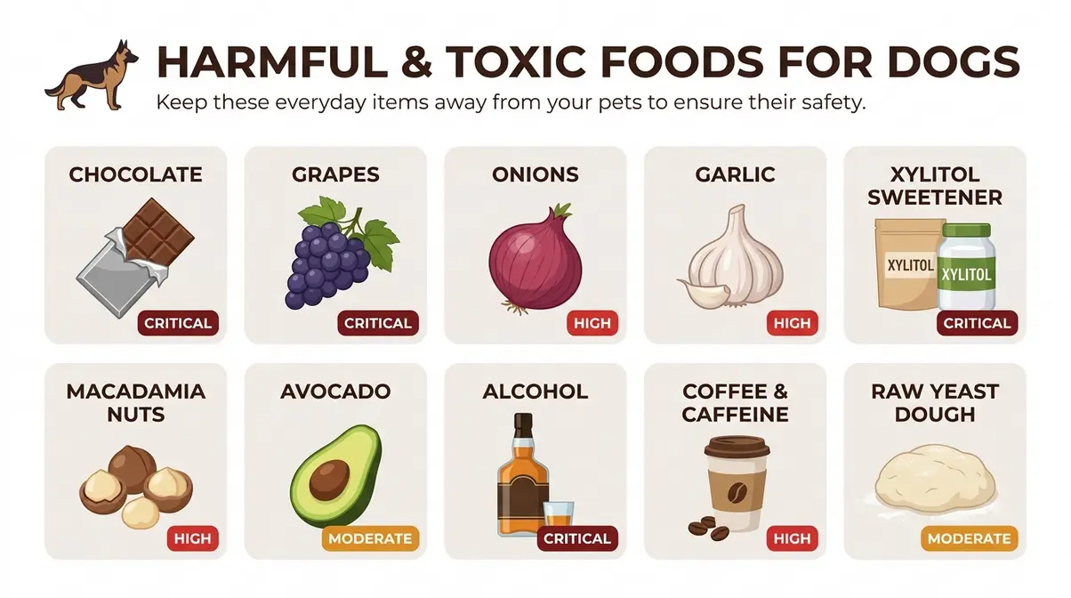 Infographic showing ten toxic foods for German Shepherds including chocolate, grapes, onions, garlic, and xylitol with severity ratings