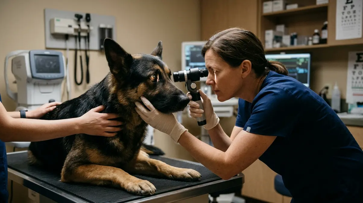 Veterinary ophthalmologist using slit-lamp to examine a German Shepherd dog's eye