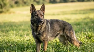 Female German Shepherd standing alert in a grassy field, healthy and attentive