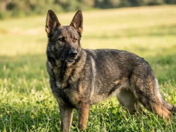 Female German Shepherd standing alert in a grassy field, healthy and attentive